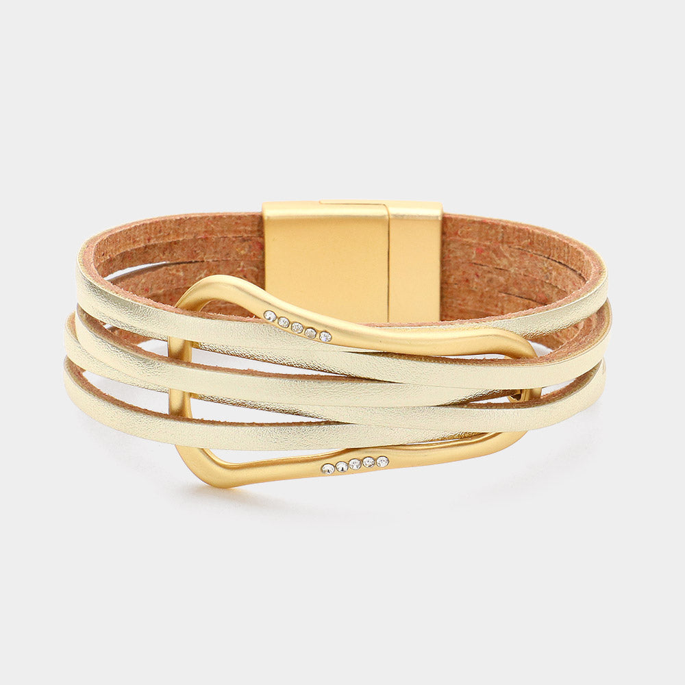 Stone Paved Pointed Brushed Metal Buckle Faux Leather Layered Magnetic Bracelet- 4 COLORS AVAILABLE!!