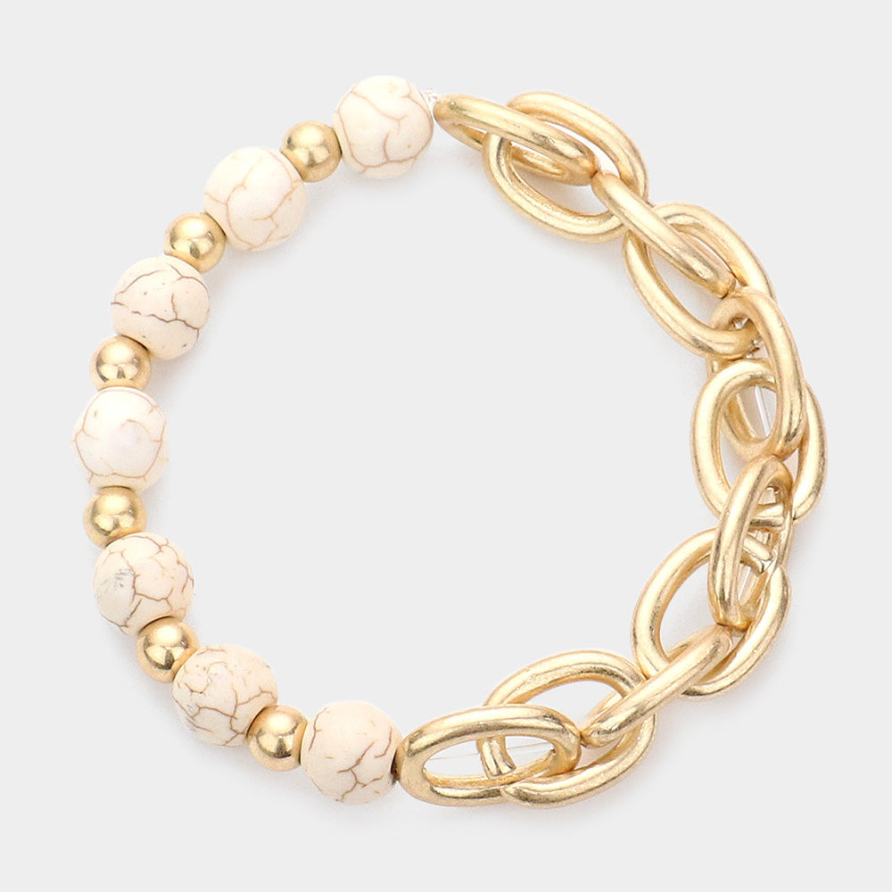 Natural Stone Open Metal Oval Link Stretch Bracelet- 3 COLORS AVAILABLE!!