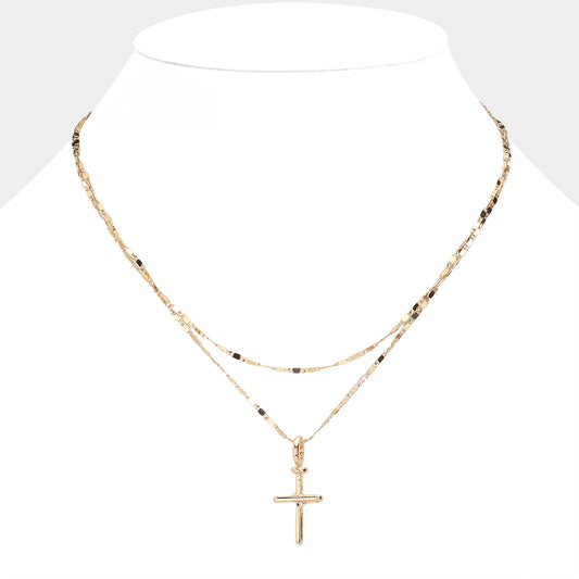 Metal Cross Pendant Pointed Layered Necklace- 2 COLORS AVAILABLE!!