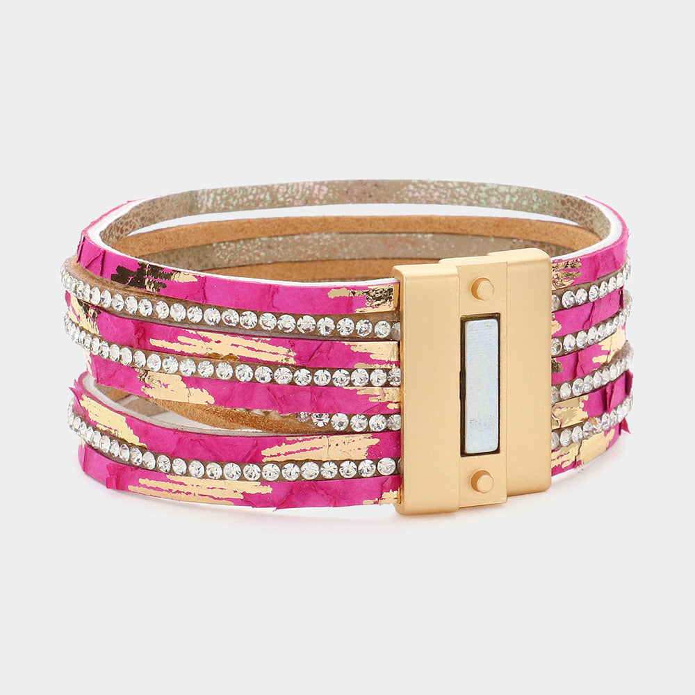 Rhinestone Paved Chain Faux Leather Magnetic Bracelet