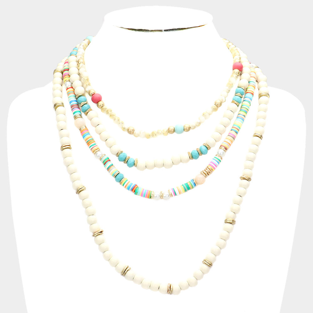 Multi Layered Wood Heishi Beaded Bib Necklace- 2 COLORS AVAILABLE!!