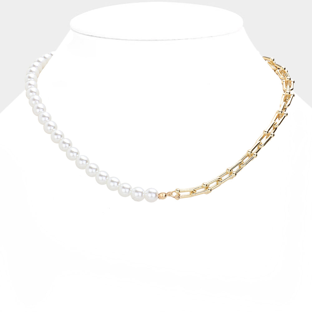 Pearl Beaded Pointed Metal Link Necklace