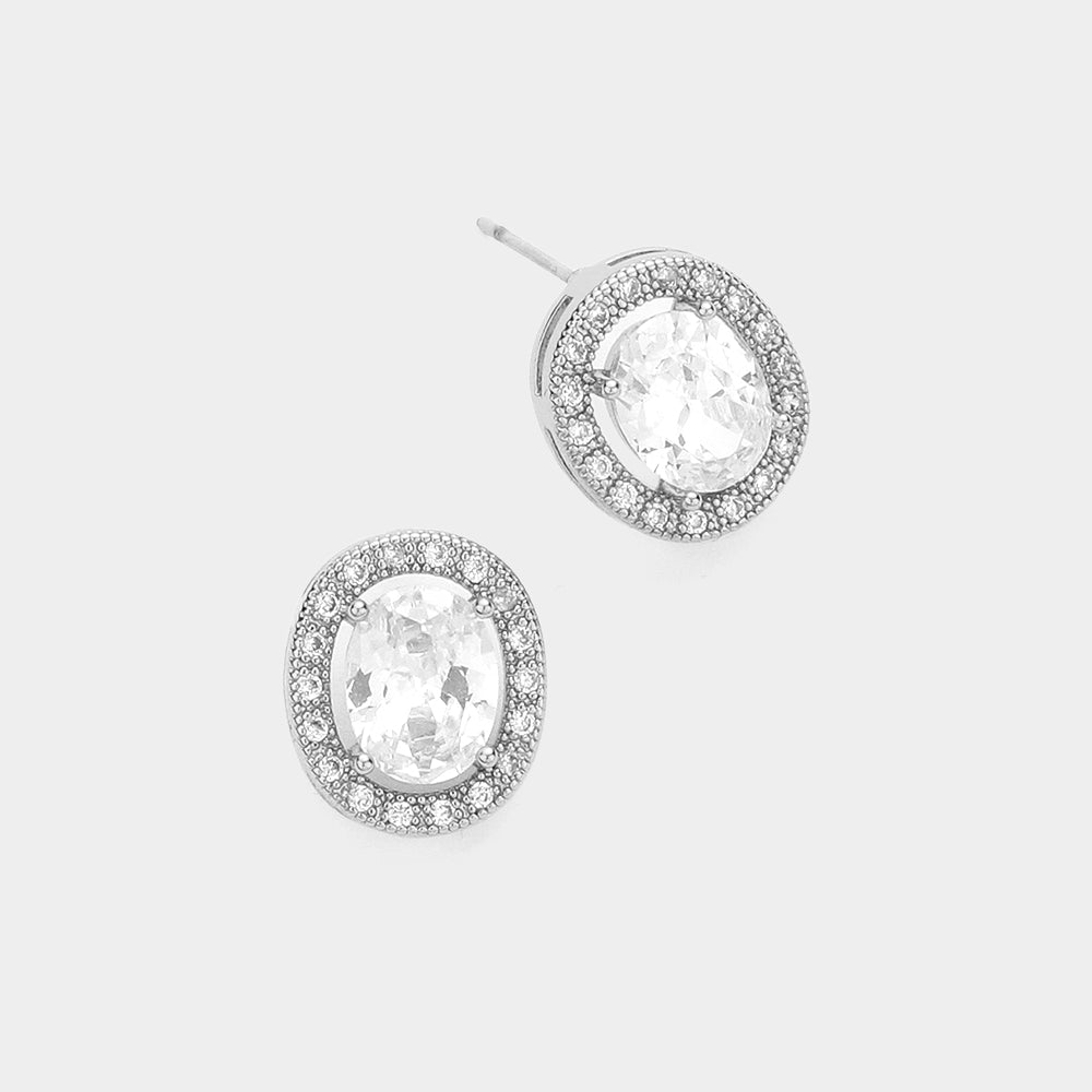 Oval CZ Stone Stud Earrings