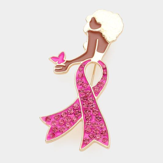 Stone Paved Pink Ribbon Enamel Afro Woman Brooch- 2 COLORS AVAILABLE!!