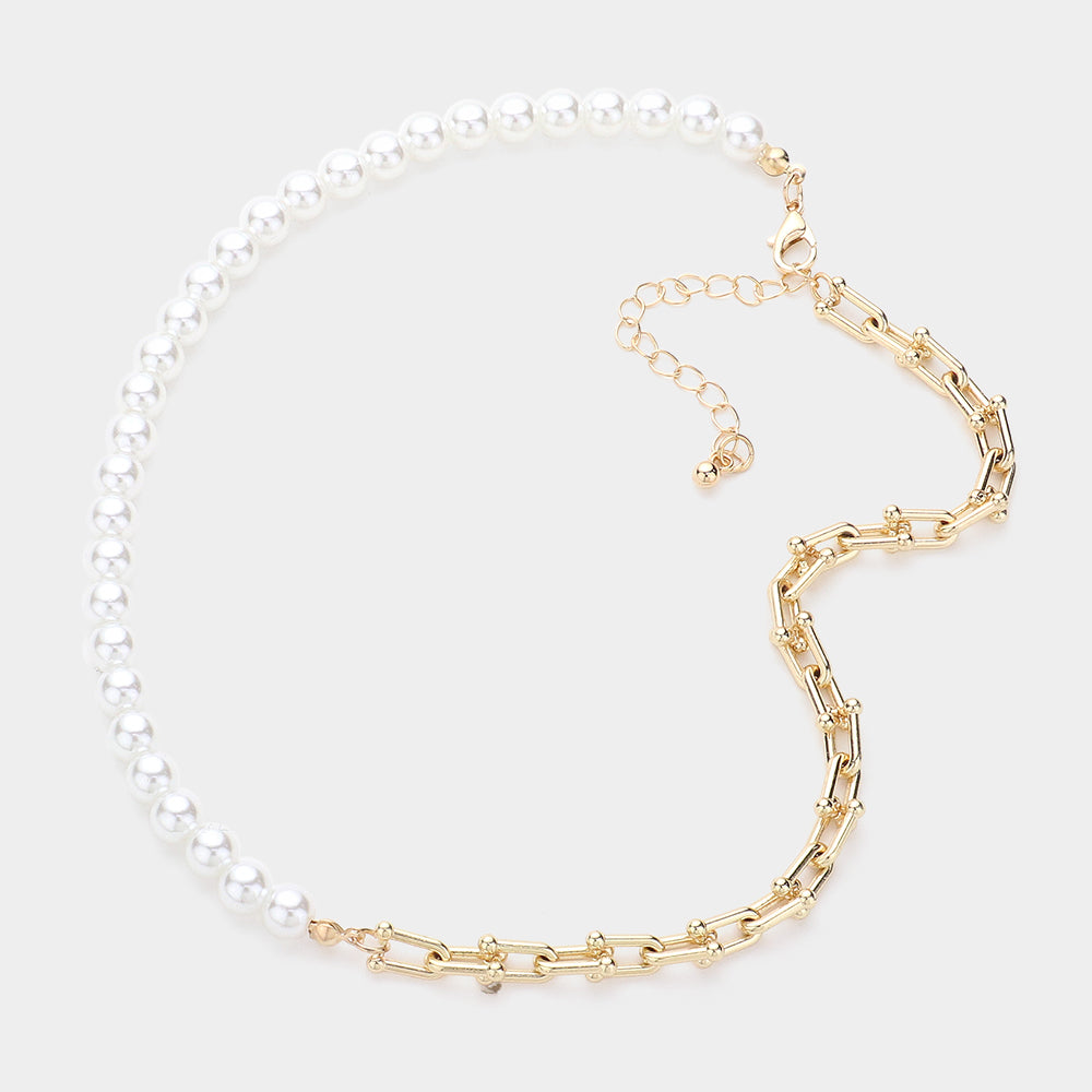 Pearl Beaded Pointed Metal Link Necklace