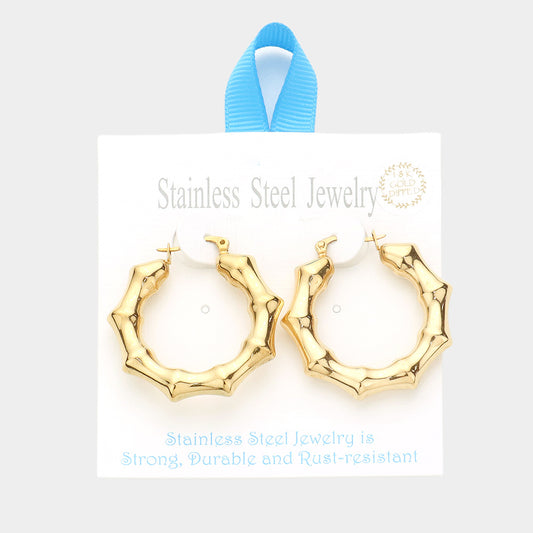 18K Gold Dipped Stainless Steel 1.5 Inch Metal Bamboo Hoop Earrings- 2 COLORS AVAILABLE!!