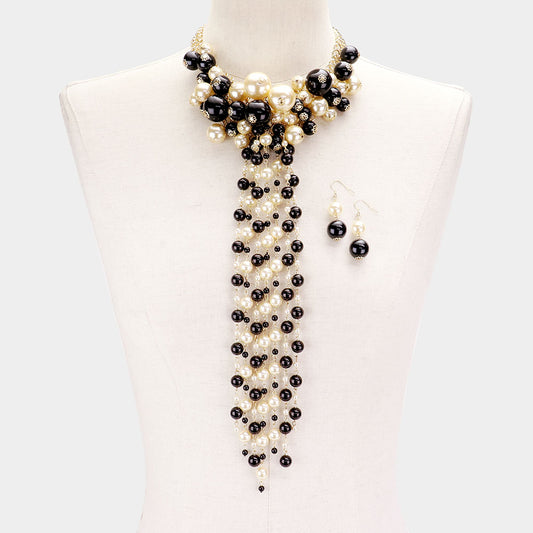Pearl Cluster Vine Fringe Bib Necklace with Dangle Earrings - 3 COLORS AVAILABLE!!