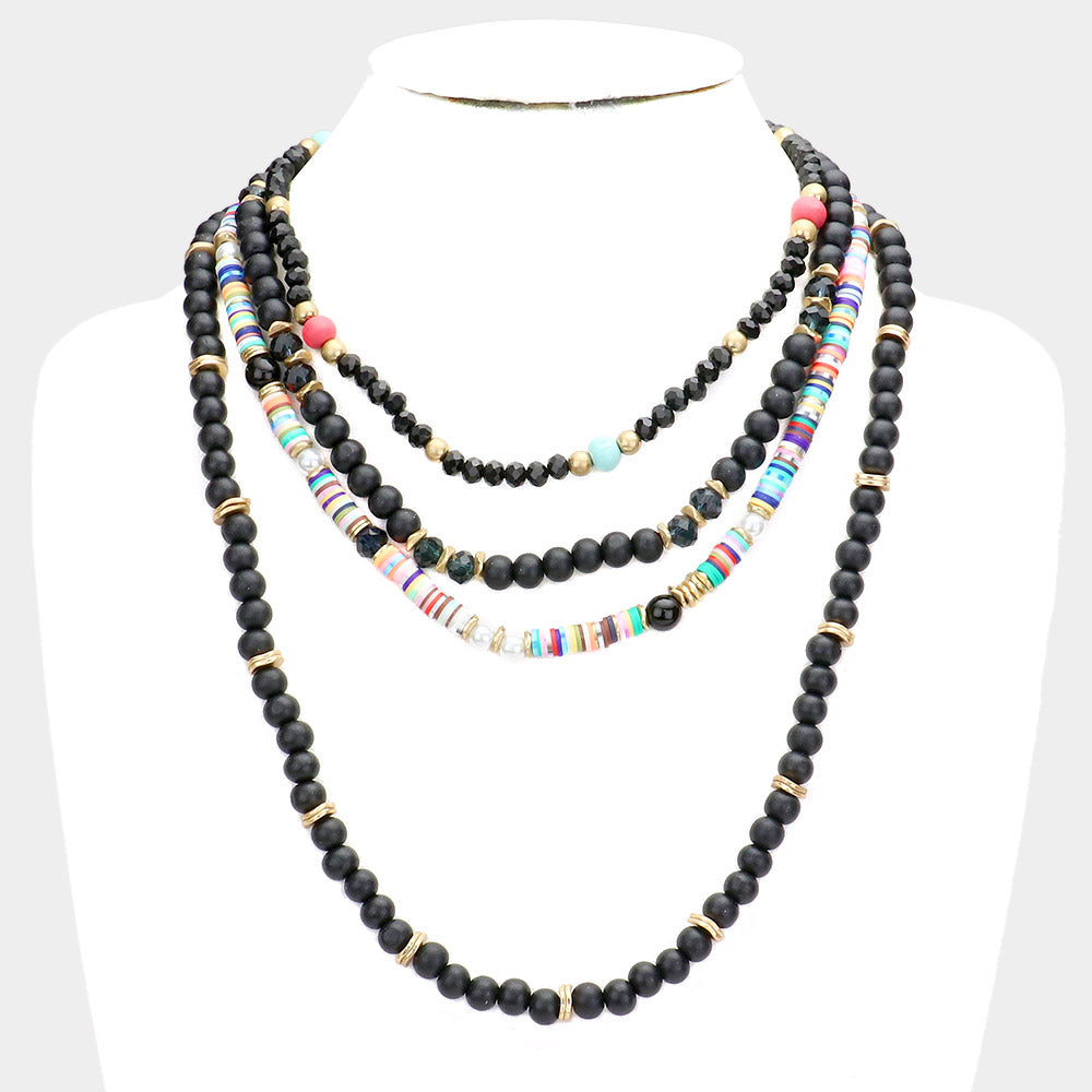 Multi Layered Wood Heishi Beaded Bib Necklace- 2 COLORS AVAILABLE!!