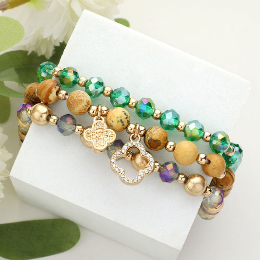 Quatrefoil Charm Natural Stone Stretch Multi Layered Bracelets- 2 COLORS AVAILABLE