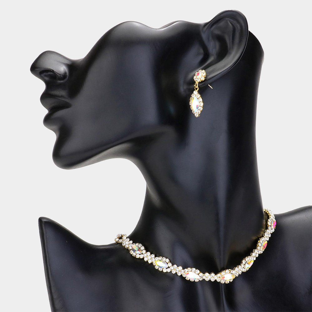 Marquise Stone Pointed Evening Choker Necklace & Earrings - 4 COLORS AVAILABLE!!