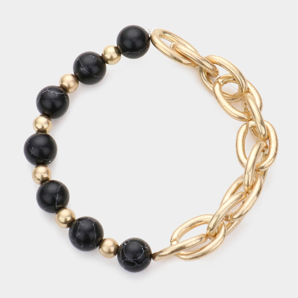 Natural Stone Open Metal Oval Link Stretch Bracelet- 3 COLORS AVAILABLE!!