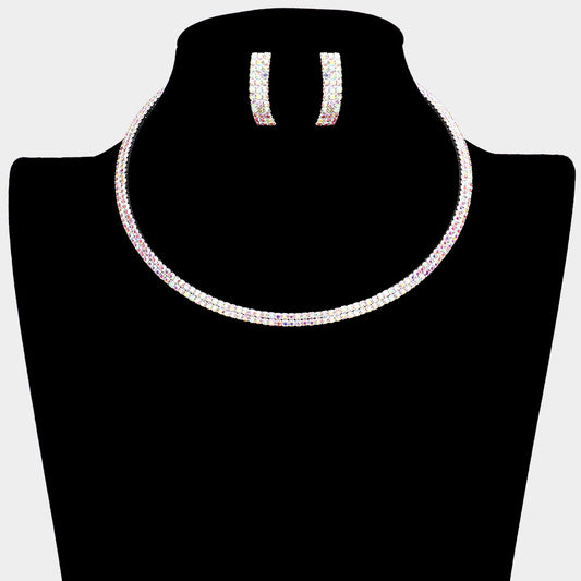 2Rows Rhinestone Pave Choker Necklace- Iridescent Stones