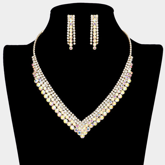 Bubble Stone Cluster Rhinestone V Shaped Necklace with Dangle Earrings- 4 COLORS AVAILABLE!!