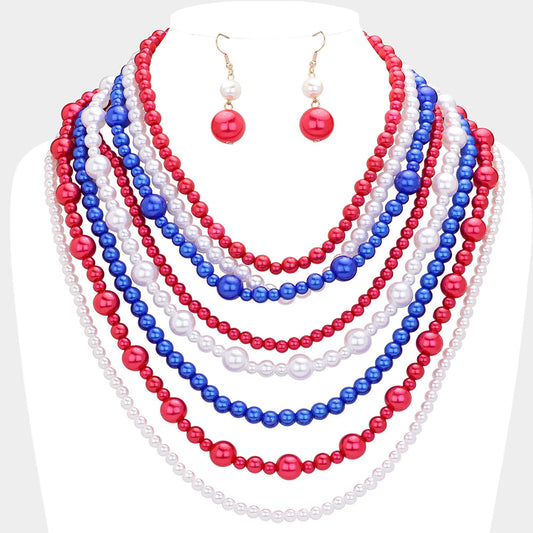 Pearl Multi Strand Bib Necklace With Dangle Earrings- 5 COLORS AVAILABLE!!