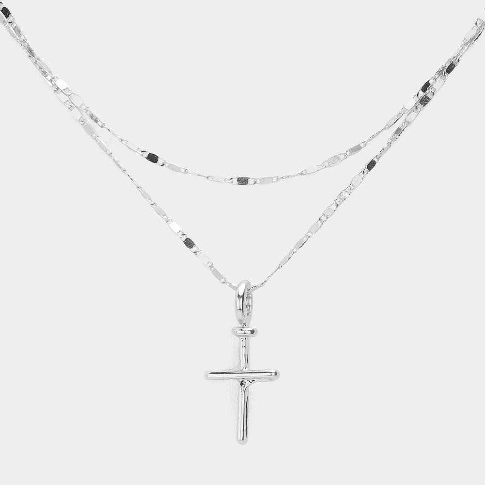 Metal Cross Pendant Pointed Layered Necklace- 2 COLORS AVAILABLE!!