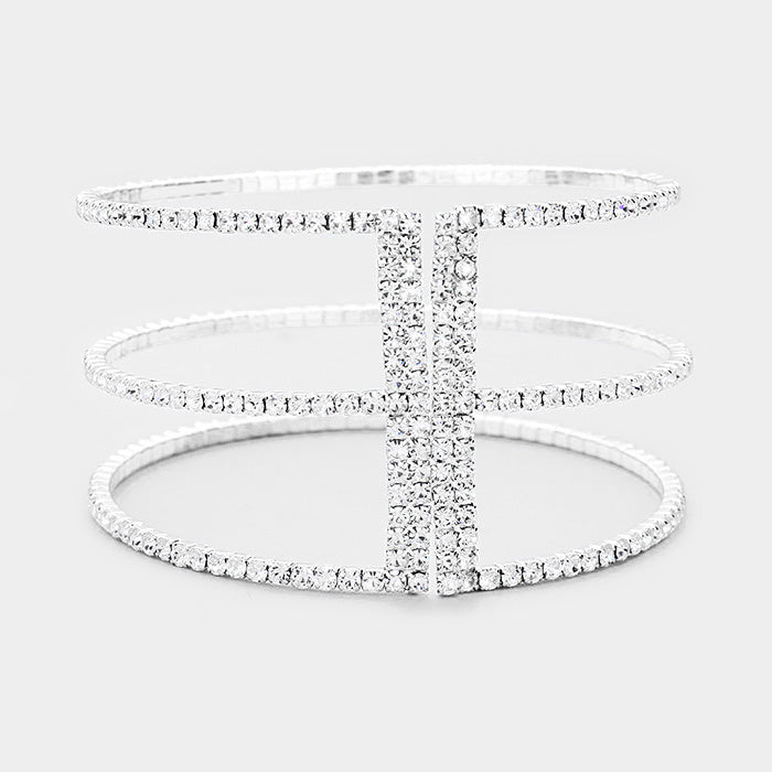 3Row Split Layer Round Crystal Detail Cuff Evening Bracelet
