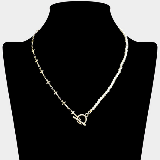 Metal Cross Link Pearl Toggle Necklace - 2 COLORS AVAILABLE!!