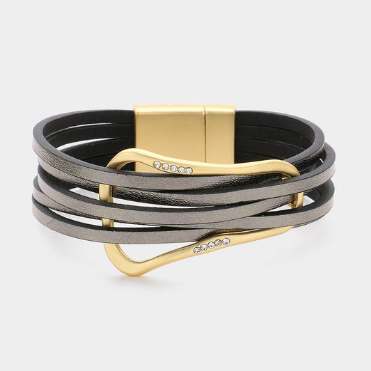 Stone Paved Pointed Brushed Metal Buckle Faux Leather Layered Magnetic Bracelet- 4 COLORS AVAILABLE!!