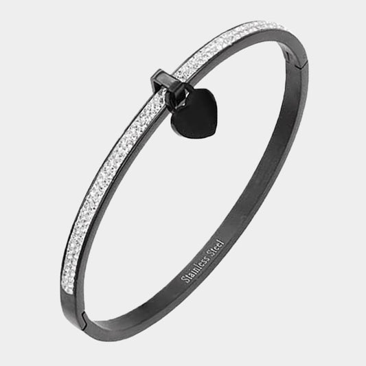 Heart Charm Stainless Steel Bangle Evening Bracelet - Black