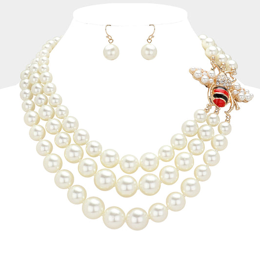 Honey Bee Pointed Pearl Layered Necklace with Pearl Dangle Earrings