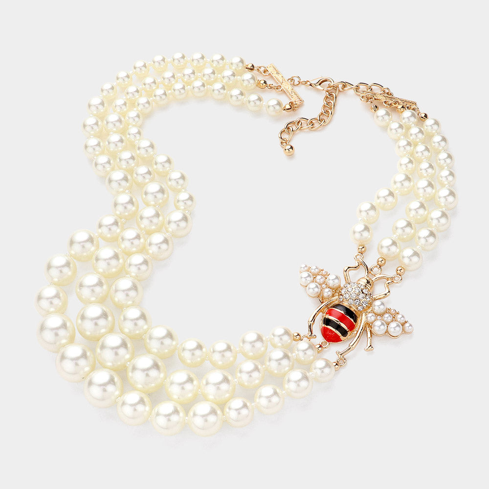 Honey Bee Pointed Pearl Layered Necklace with Pearl Dangle Earrings