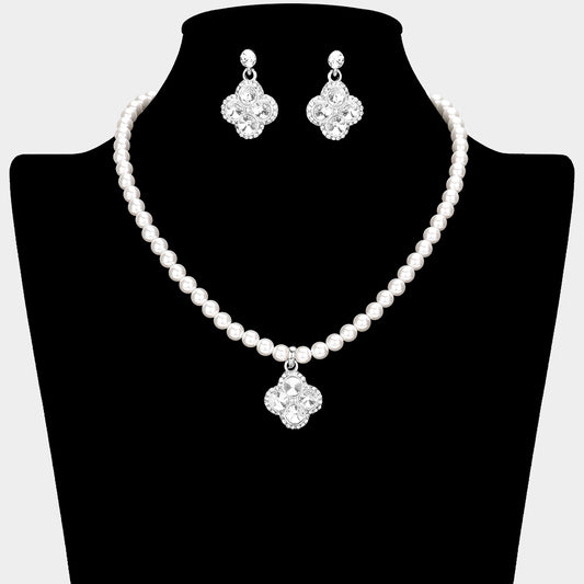 Stone Embellished Quatrefoil Pendant Pearl Necklace with Dangle Earrings- 2 COLORS AVAILABLE!!