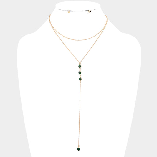 Double Layered Emerald Stone Y Necklace with Stud Earrings