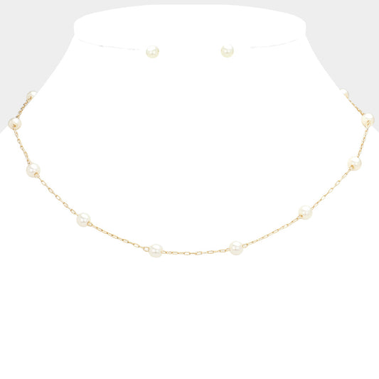 Pearl Station Necklace with Stud Earrings- 2 COLORS AVAILABLE!!