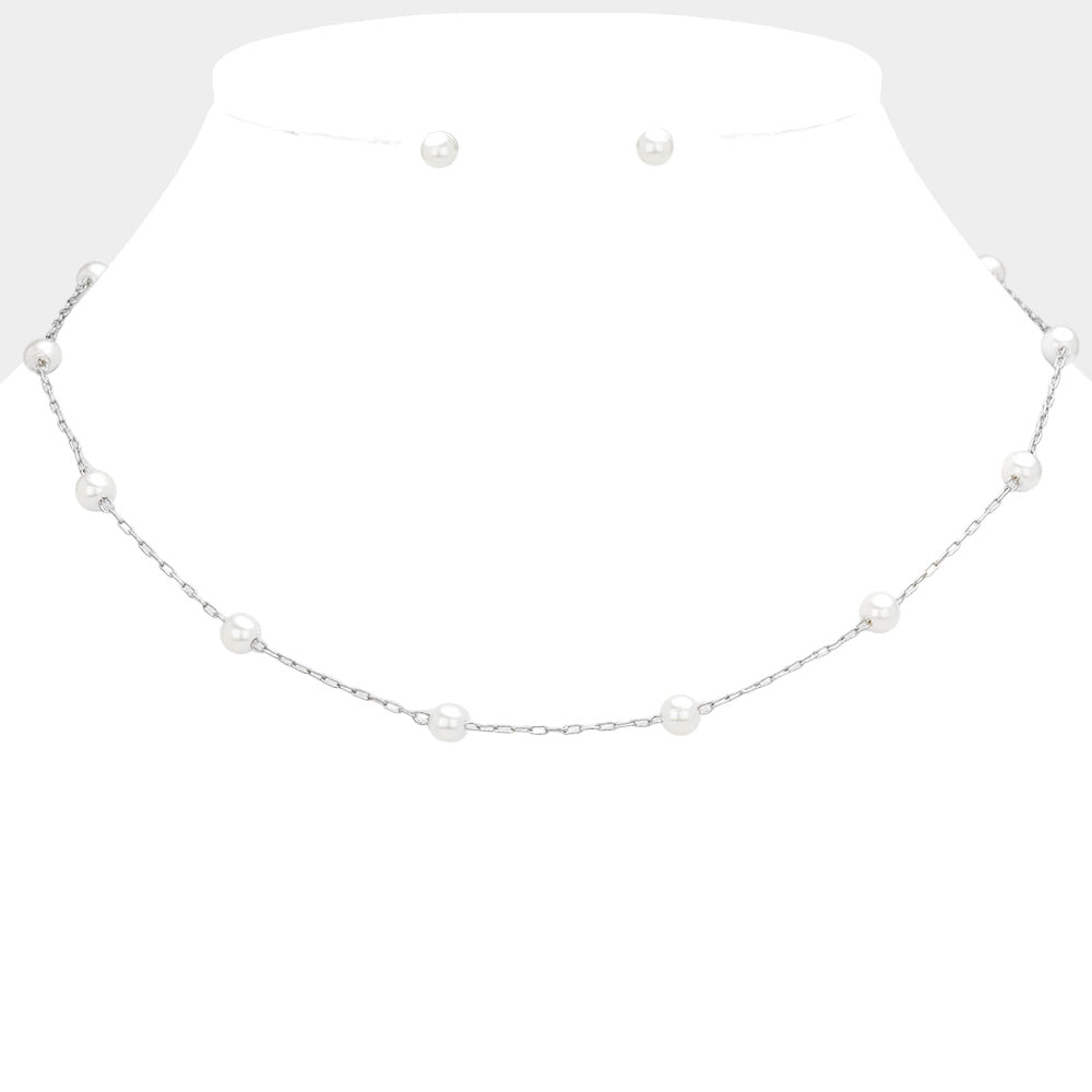 Pearl Station Necklace with Stud Earrings- 2 COLORS AVAILABLE!!