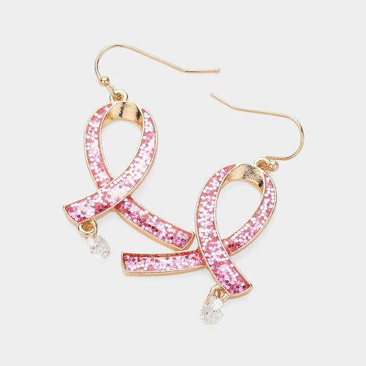 Glittered Enamel Pink Ribbon Dangle Earrings- 2 COLORS AVAILABLE!!