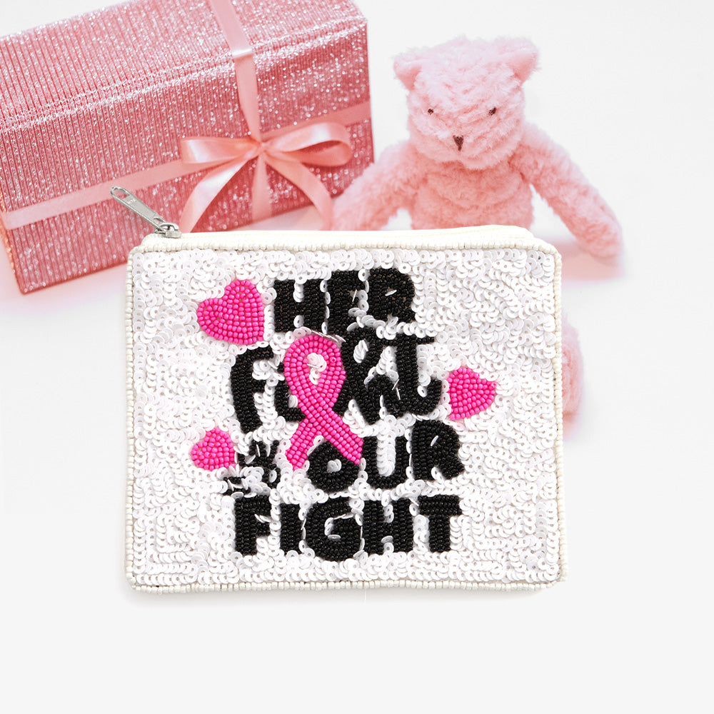 Her Fight Is Our Fight Sequin Beaded Pink Ribbon Mini Pouch Bag