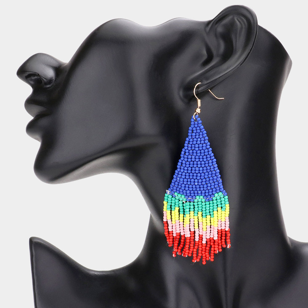 Seed Beaded Fringe Dangle Earrings- Blue