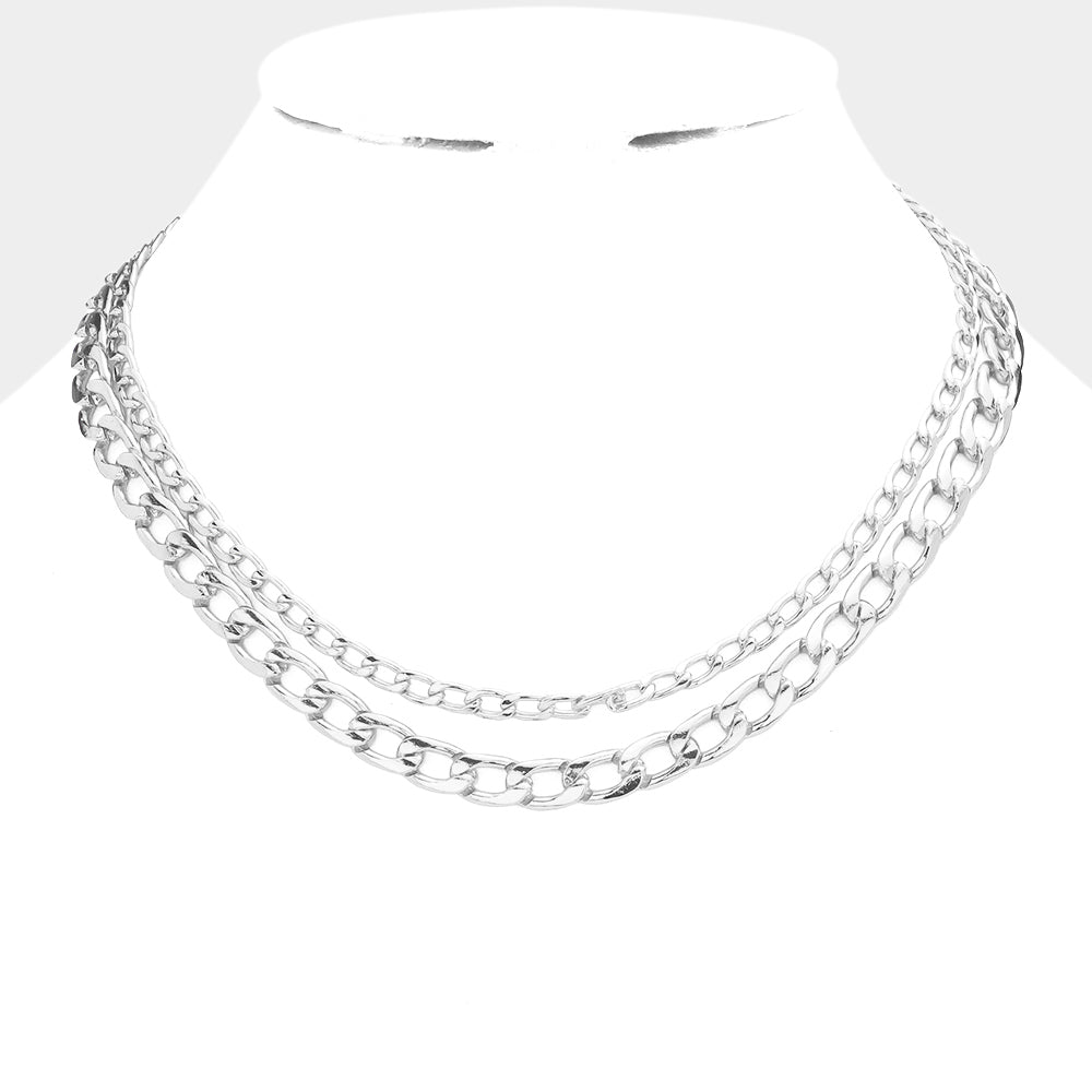 White Gold Dipped Metal Chain Double Layered Necklace