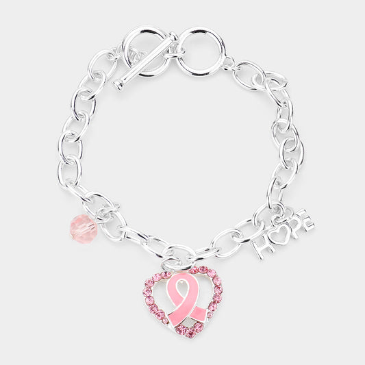 Enamel Pink Ribbon Centered Stone Embellished Open Heart Charm Toggle Bracelet