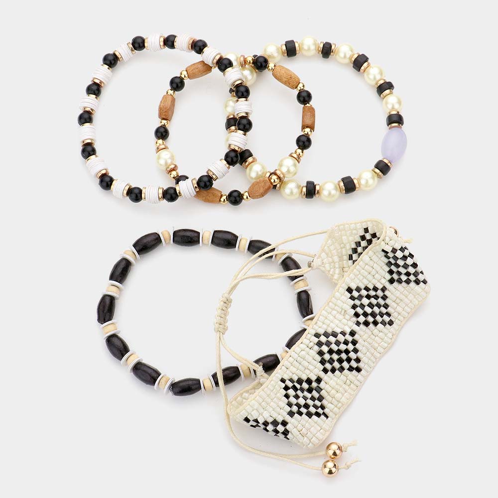 5PCS - Boho Patterned Beaded Wood Pearl Bracelets