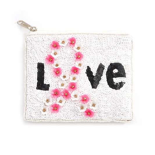 Love Message Sequin Flower Pink Ribbon Mini Pouch Bag