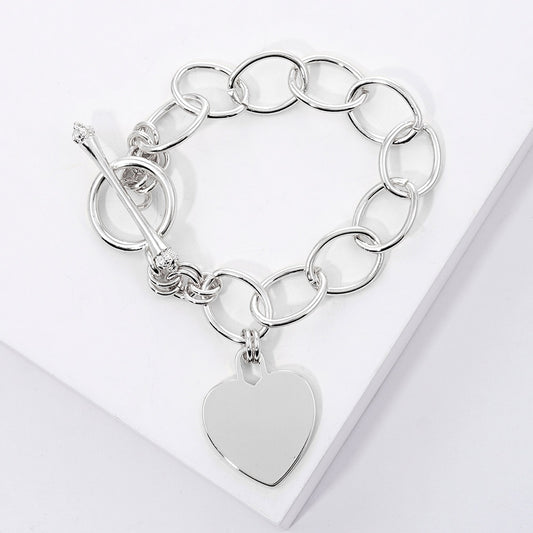 Gold Dipped Metal Heart Lock Charm Toggle Bracelet- White Gold