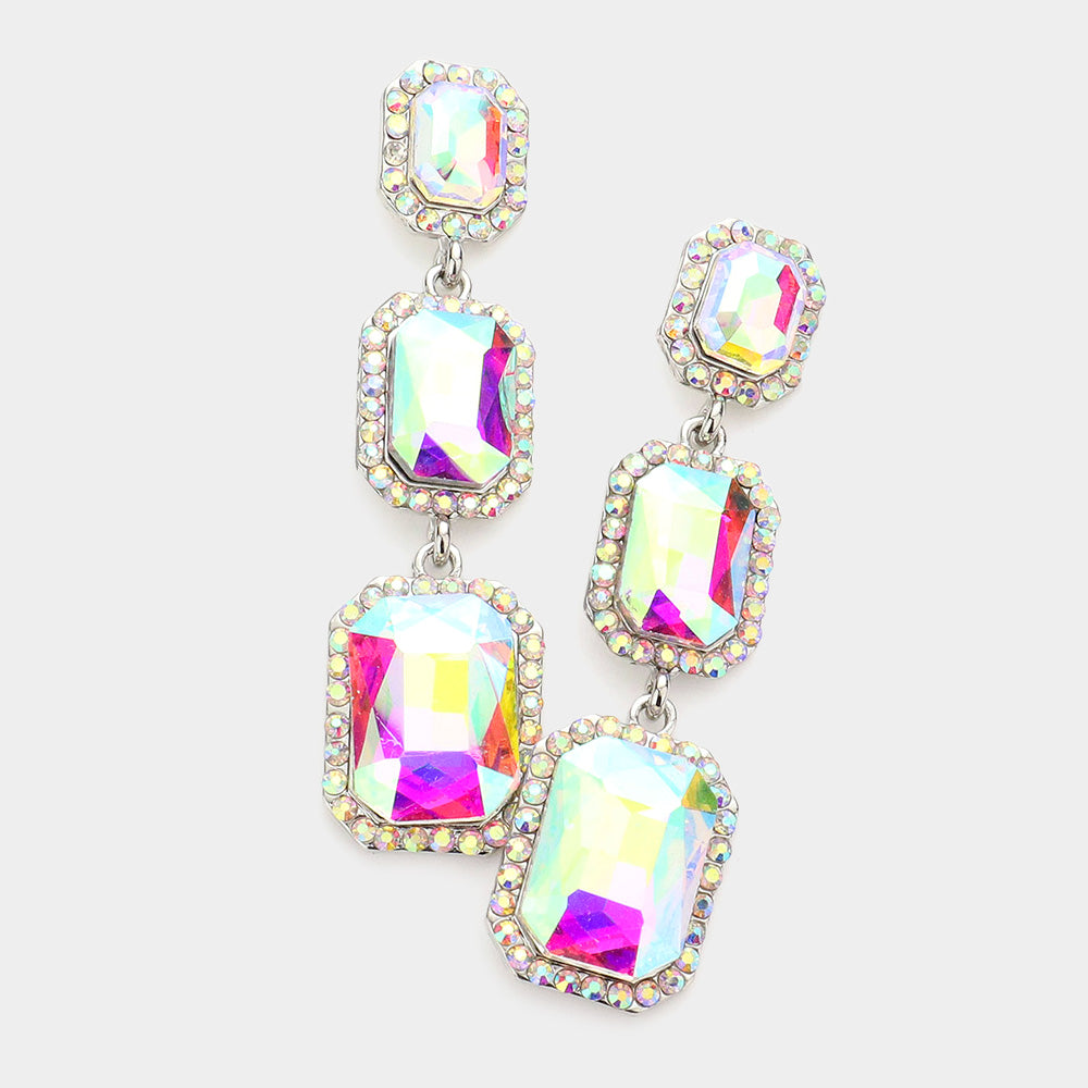 Triple Emerald Cut Stone Link Dangle Evening Earrings- 6 COLORS AVAILABLE!!