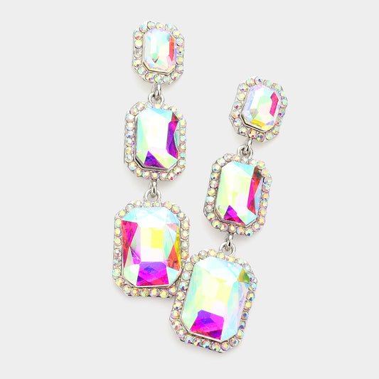 Triple Emerald Cut Stone Link Dangle Evening Earrings- 6 COLORS AVAILABLE!!