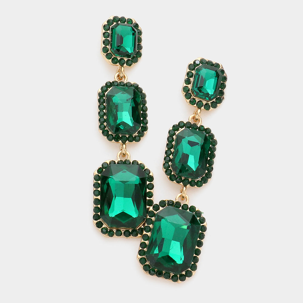 Triple Emerald Cut Stone Link Dangle Evening Earrings- 6 COLORS AVAILABLE!!