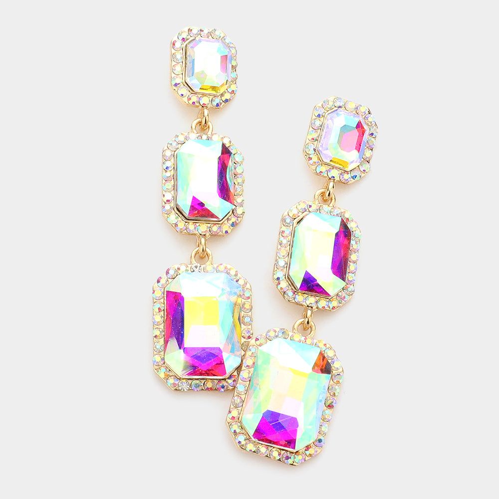 Triple Emerald Cut Stone Link Dangle Evening Earrings- 6 COLORS AVAILABLE!!