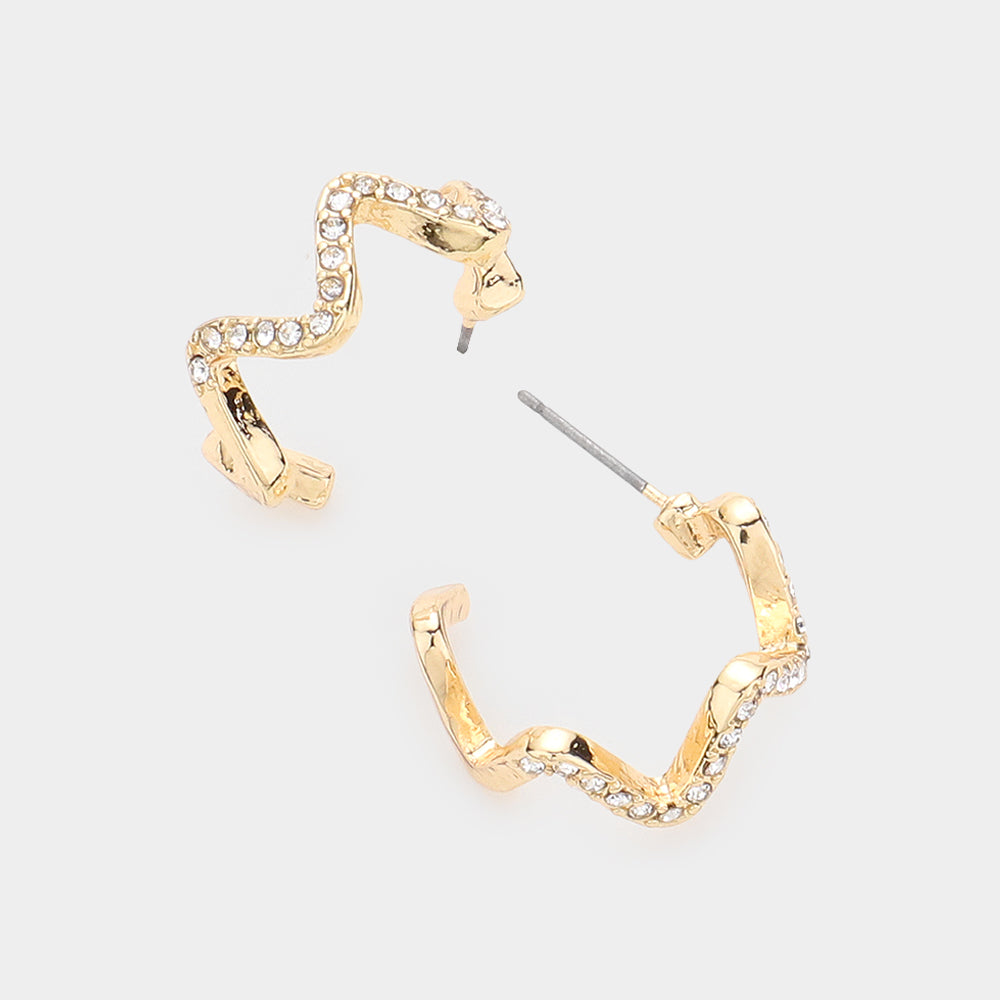 Rhinestone Paved Wavy Metal Hoop Earrings- 2 COLORS AVAILABLE!!