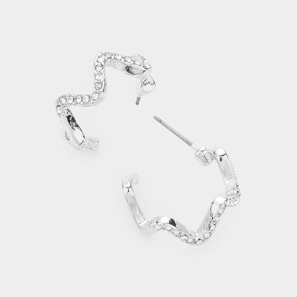 Rhinestone Paved Wavy Metal Hoop Earrings- 2 COLORS AVAILABLE!!