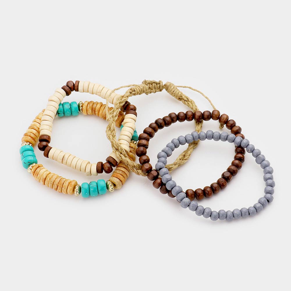 5PCS - Multi Wood Bead Layered Stretch Bracelets