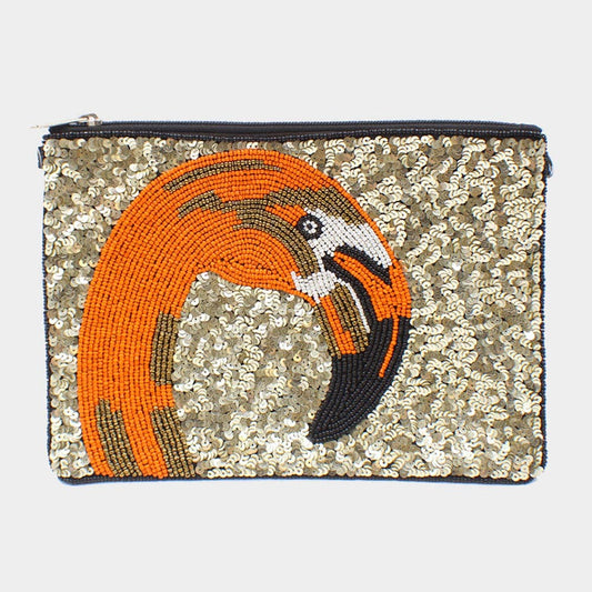 The Marilyn- Seed Beaded Flamingo Sequin Clutch Bag