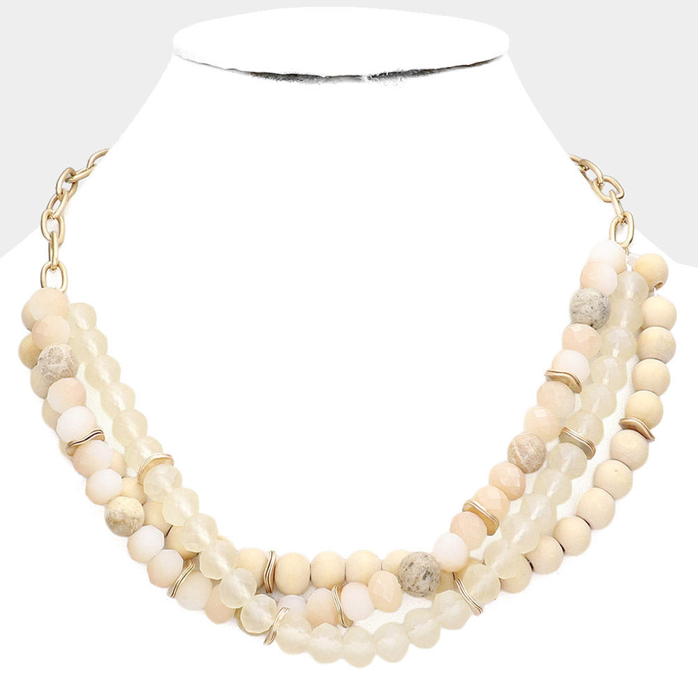 Natural Stone Wood Beaded Triple Layered Necklace- Neutral