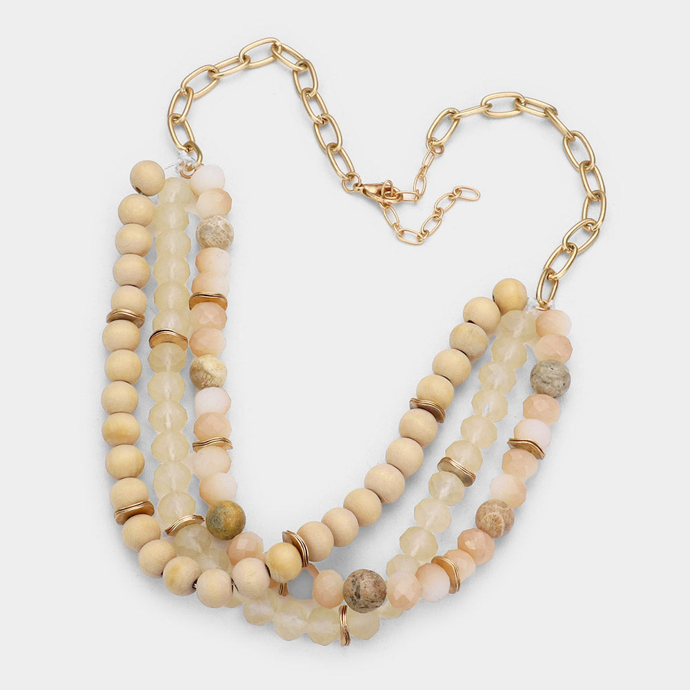 Natural Stone Wood Beaded Triple Layered Necklace- Neutral