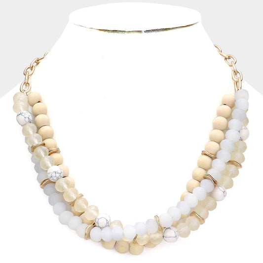 Natural Stone Wood Beaded Triple Layered Necklace- White