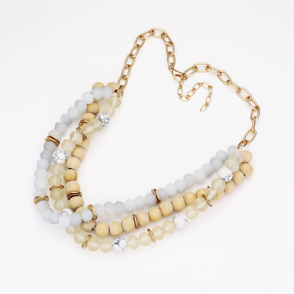 Natural Stone Wood Beaded Triple Layered Necklace- White