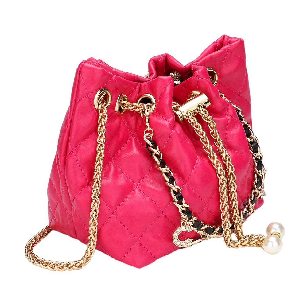 Designer Inspired- Charm Pearl Lipstick Chain Faux Leather MINI Bucket Bag- 2 COLORS AVAILABE!!